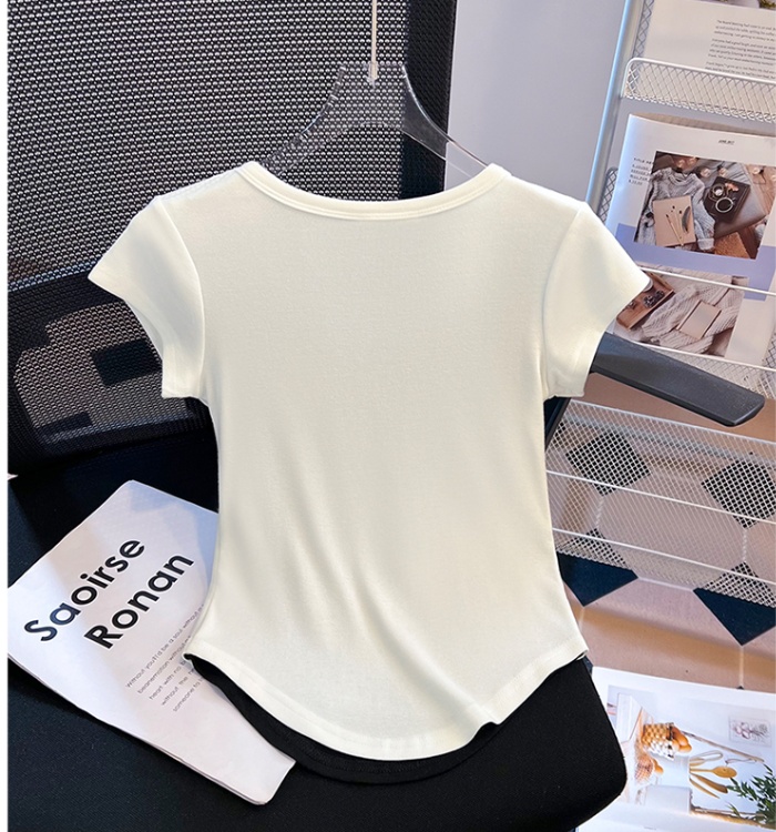 White U-neck short tops slim Pseudo-two T-shirt for women