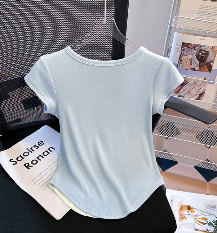 White U-neck short tops slim Pseudo-two T-shirt for women