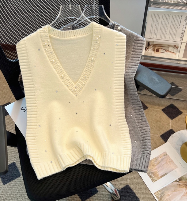 Rhinestone lazy sweater spring beading waistcoat for women