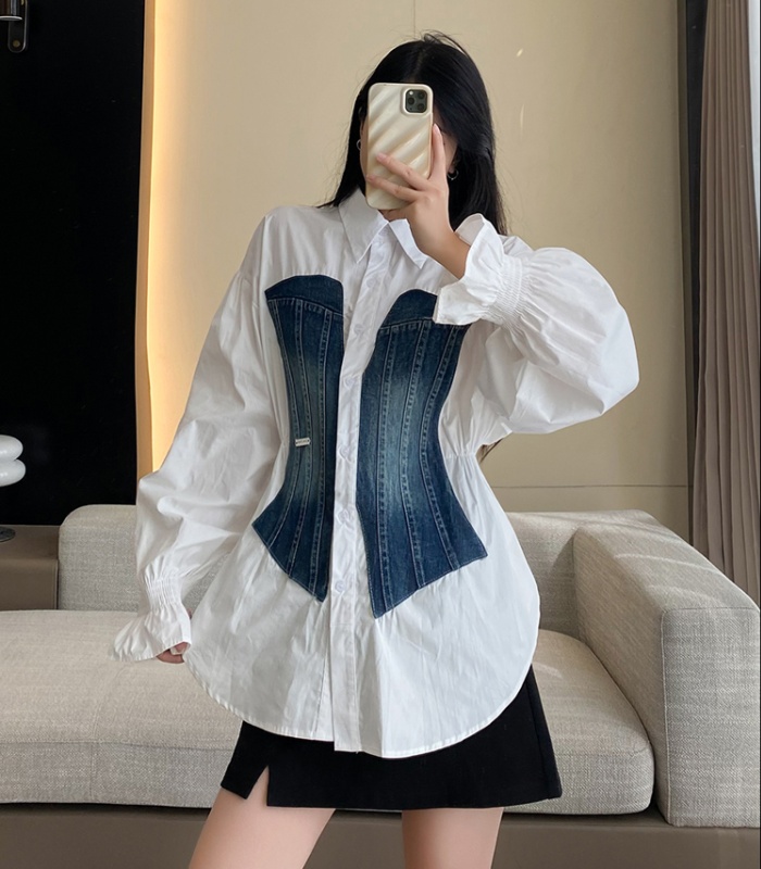 Spring slim pinched waist shirt fat Korean style tops