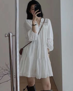 Long sleeve hollow splice T-back loose national style dress