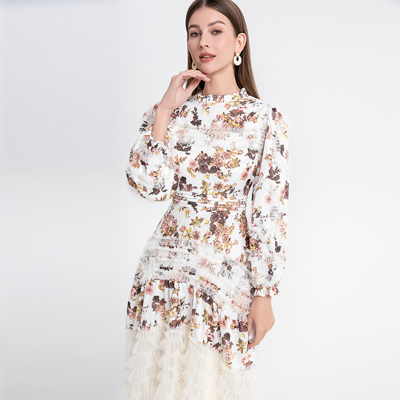 Wood ear printing gauze France style splice dress