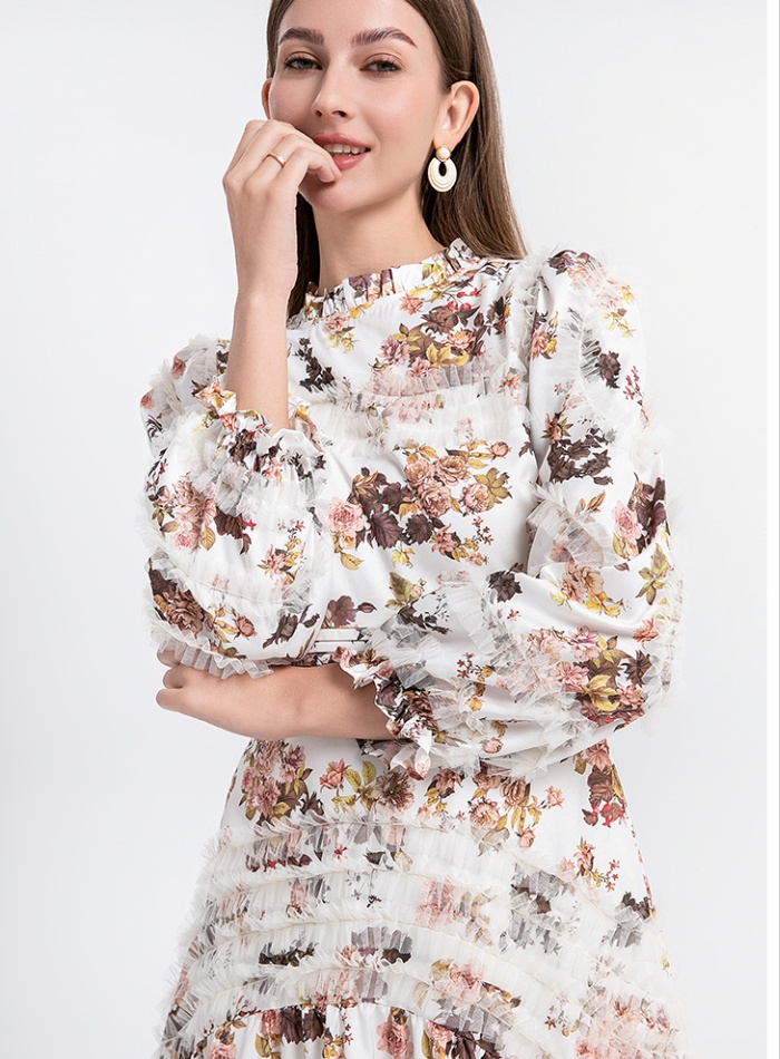 Wood ear printing gauze France style splice dress