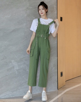 Slim long pants high waist bib pants a set for women