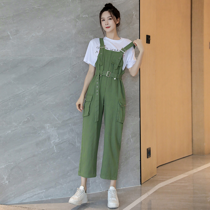 Slim long pants high waist bib pants a set for women