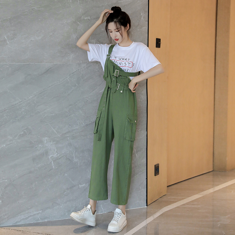 Slim long pants high waist bib pants a set for women