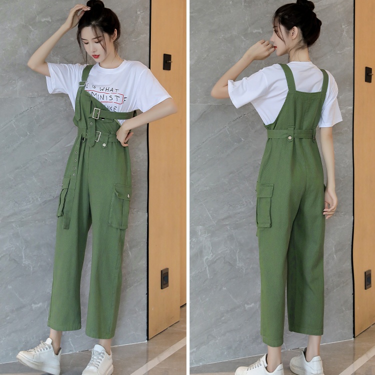 Slim long pants high waist bib pants a set for women