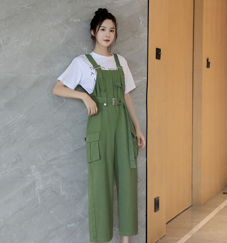 Slim long pants high waist bib pants a set for women