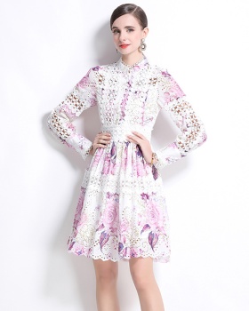 Pinched waist embroidery splice hollow dress for women