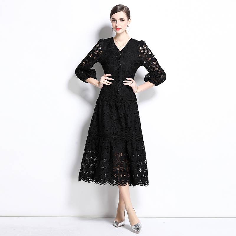 Retro pinched waist long dress lantern sleeve dress