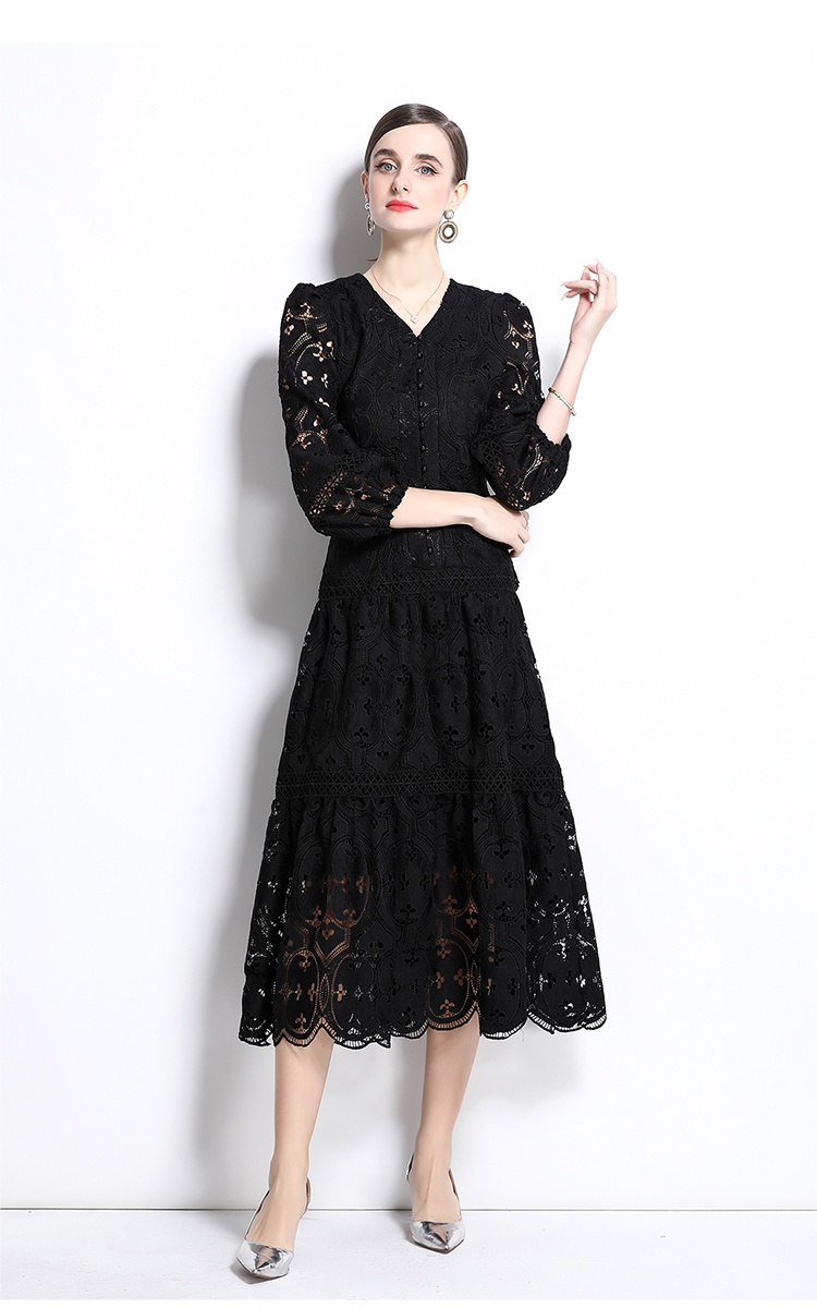 Retro pinched waist long dress lantern sleeve dress