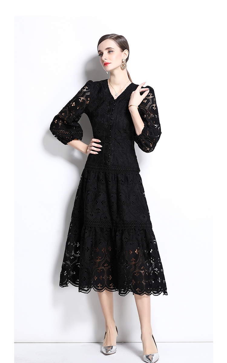 Retro pinched waist long dress lantern sleeve dress