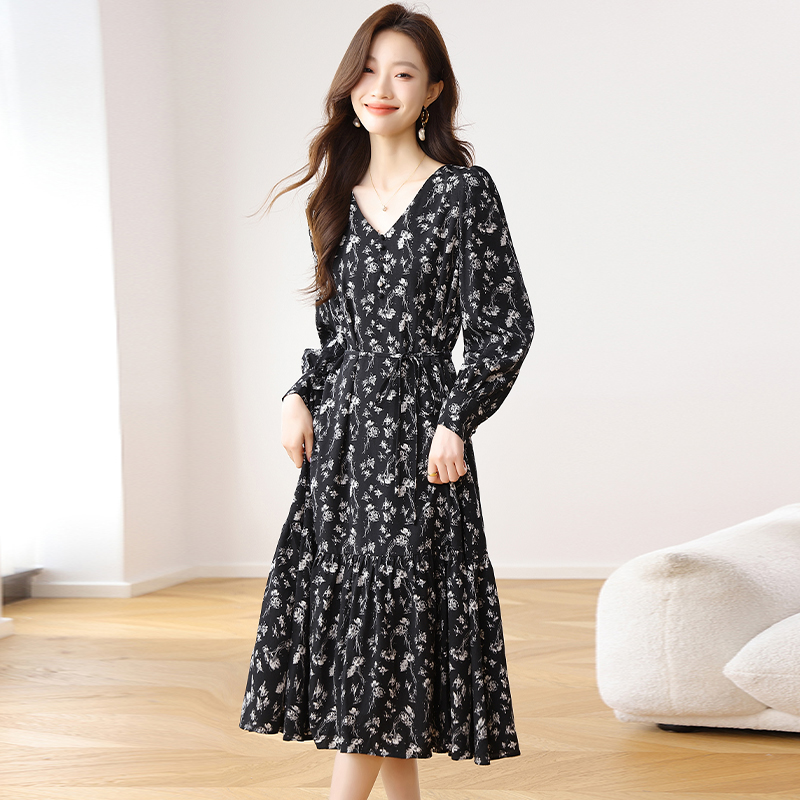 France style A-line spring and autumn floral dress for women