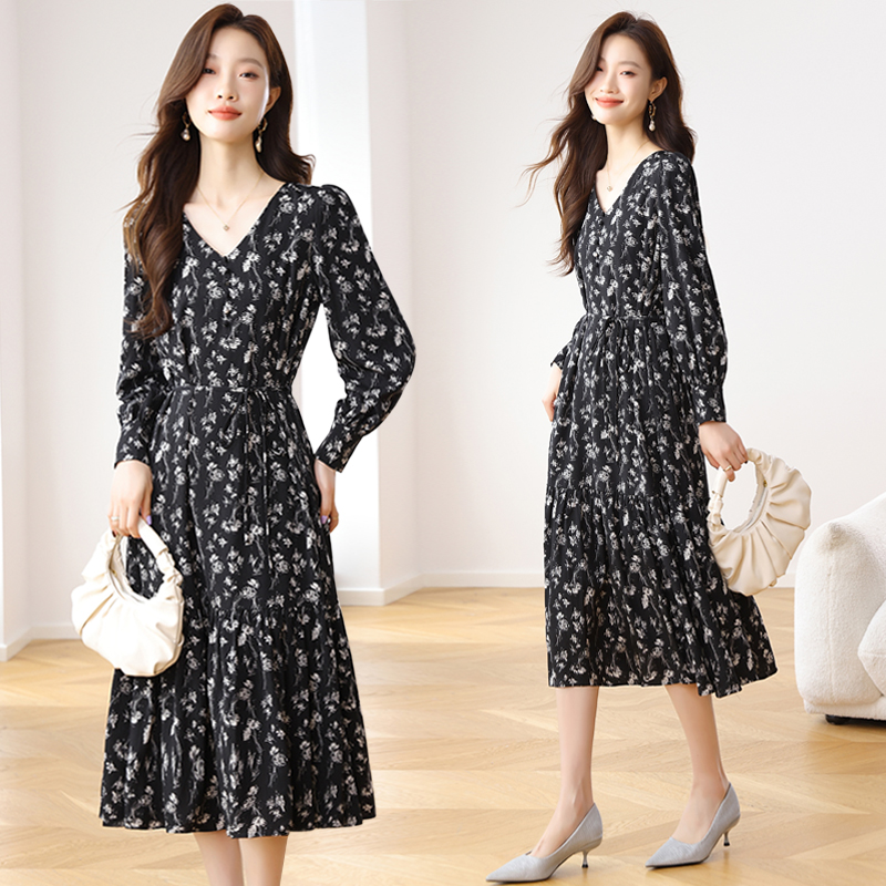 France style A-line spring and autumn floral dress for women