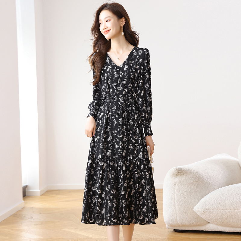 France style A-line spring and autumn floral dress for women