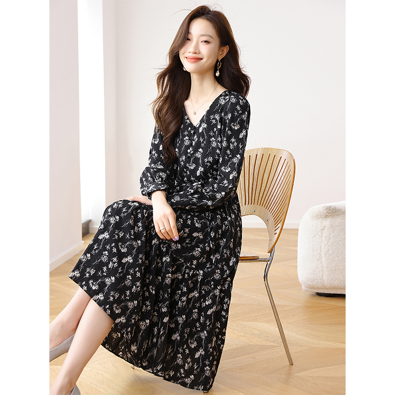 France style A-line spring and autumn floral dress for women