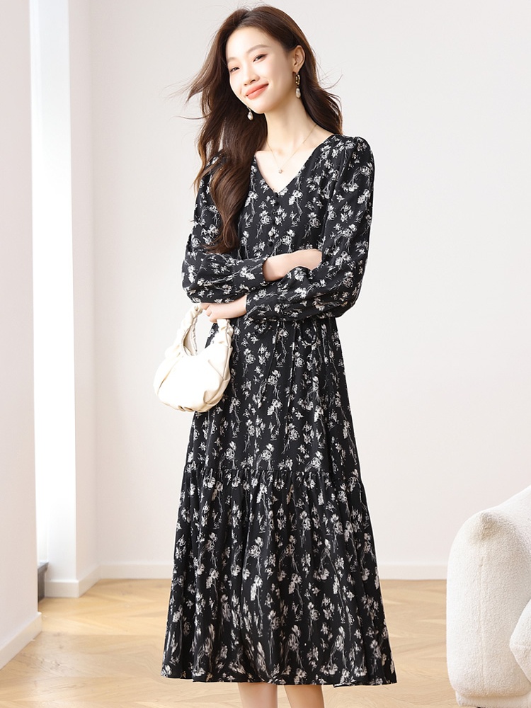 France style A-line spring and autumn floral dress for women