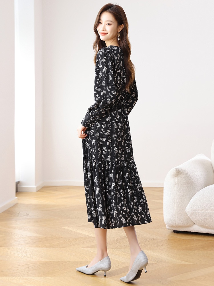 France style A-line spring and autumn floral dress for women