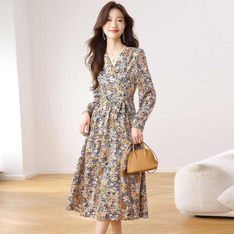 V-neck spring and autumn dress slim long dress for women