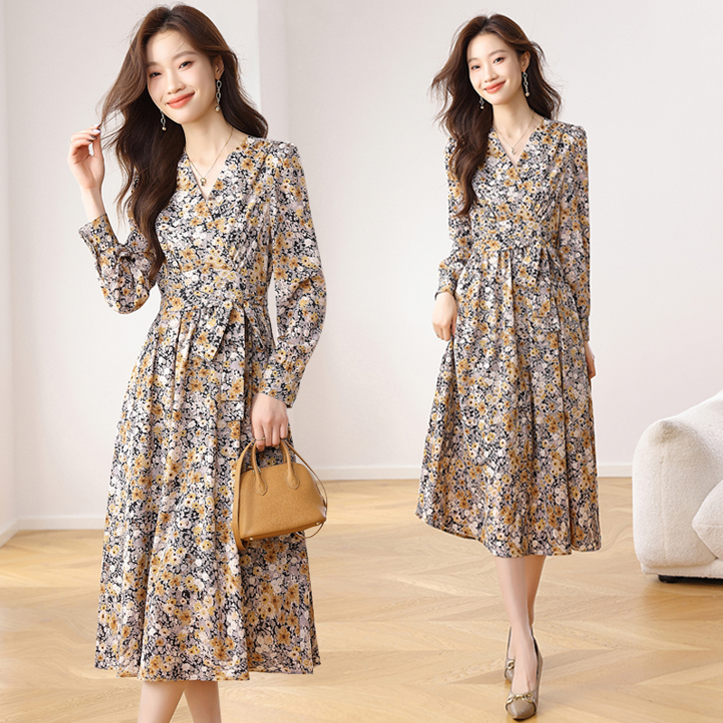 V-neck spring and autumn dress slim long dress for women