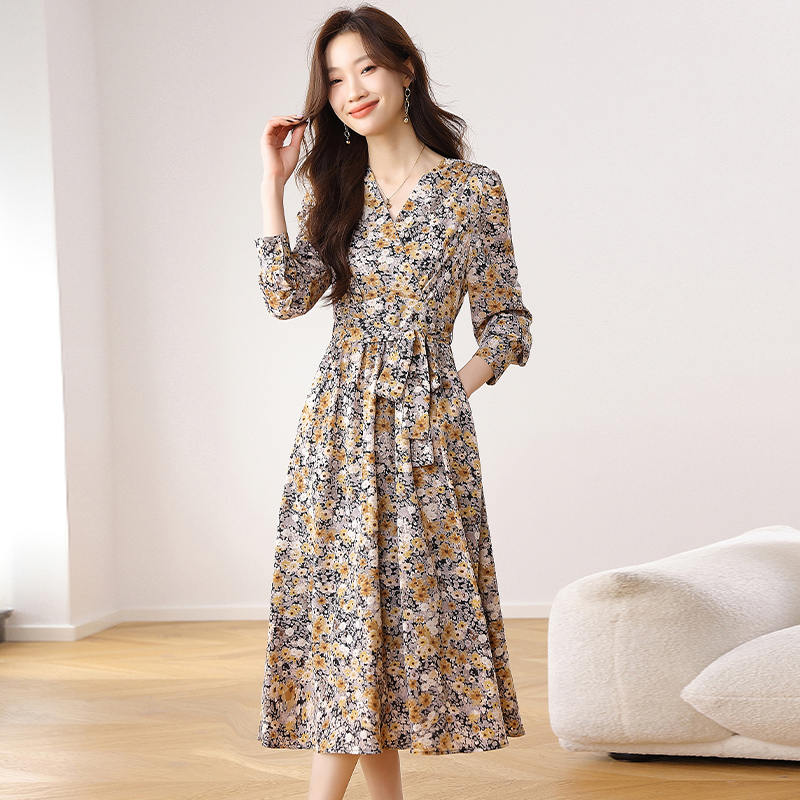 V-neck spring and autumn dress slim long dress for women