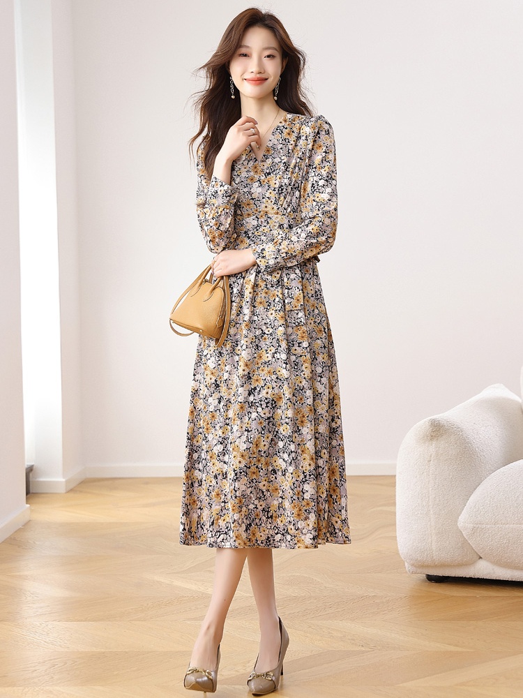 V-neck spring and autumn dress slim long dress for women