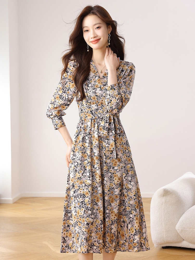 V-neck spring and autumn dress slim long dress for women