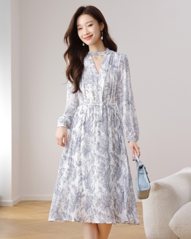 Floral V-neck retro long sleeve dress for women