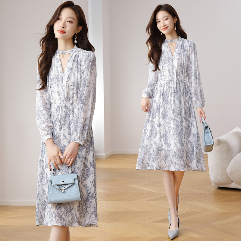 Floral V-neck retro long sleeve dress for women