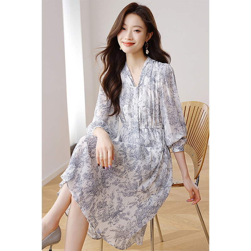 Floral V-neck retro long sleeve dress for women