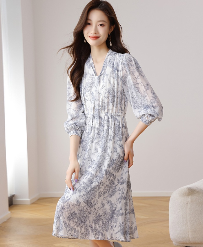 Floral V-neck retro long sleeve dress for women