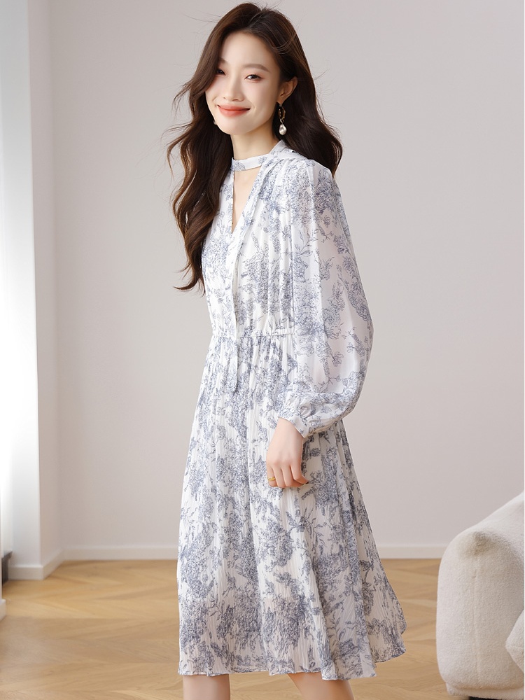 Floral V-neck retro long sleeve dress for women