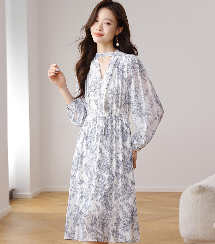 Floral V-neck retro long sleeve dress for women