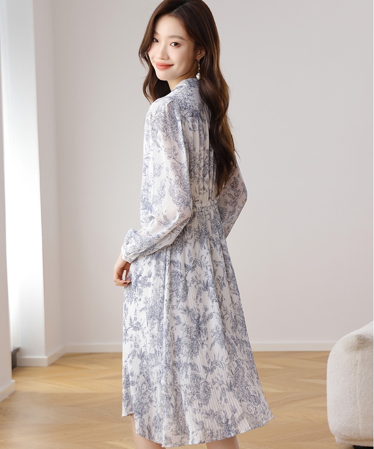 Floral V-neck retro long sleeve dress for women