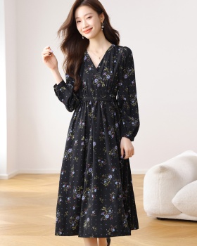 Floral pinched waist dress V-neck long dress for women