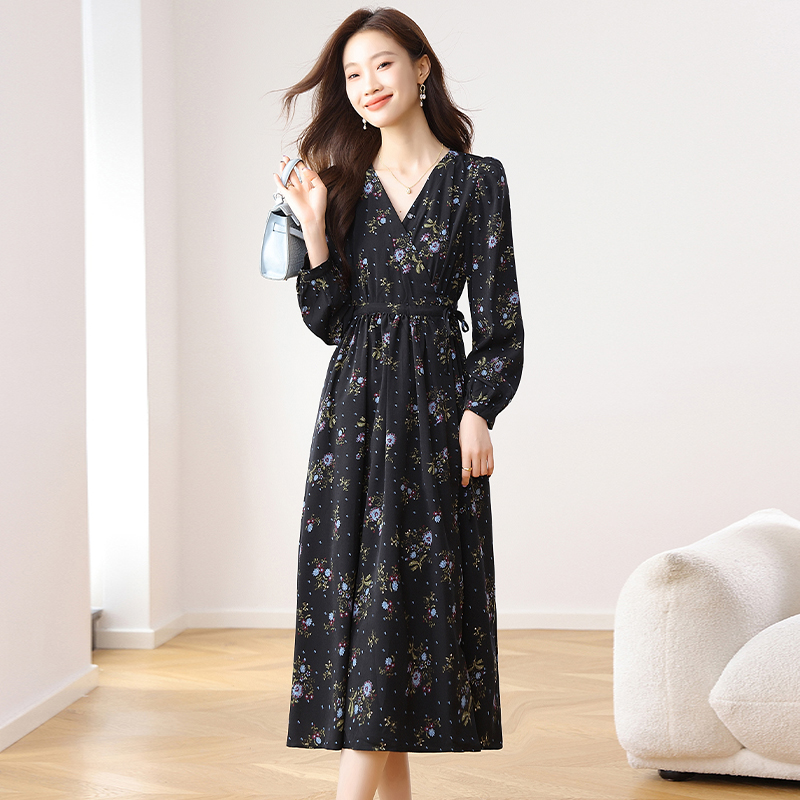 Floral pinched waist dress V-neck long dress for women