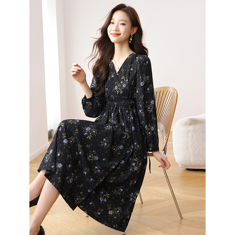 Floral pinched waist dress V-neck long dress for women