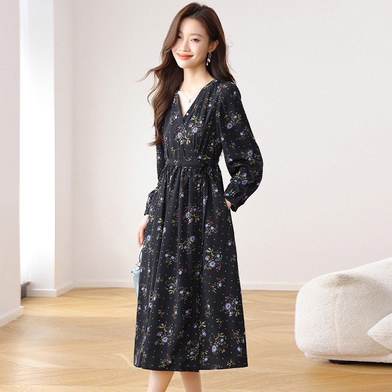 Floral pinched waist dress V-neck long dress for women