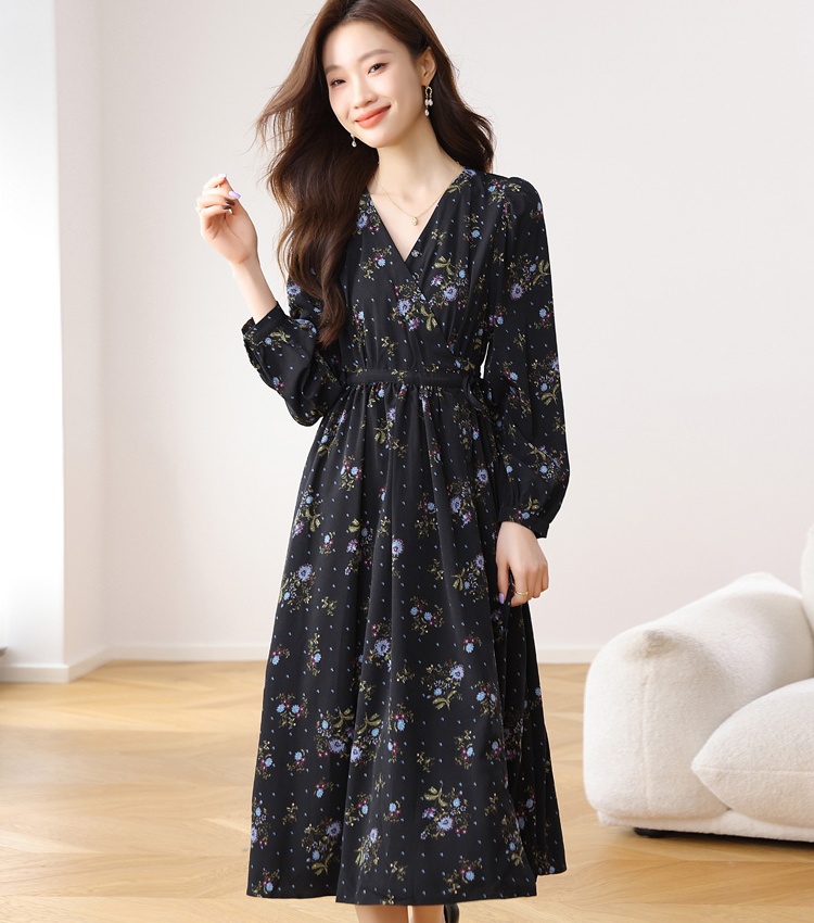 Floral pinched waist dress V-neck long dress for women