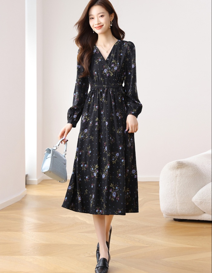 Floral pinched waist dress V-neck long dress for women