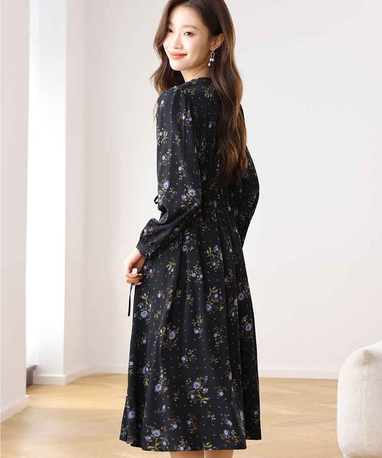 Floral pinched waist dress V-neck long dress for women