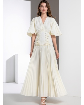 Puff sleeve slim V-neck fold frenum long dress