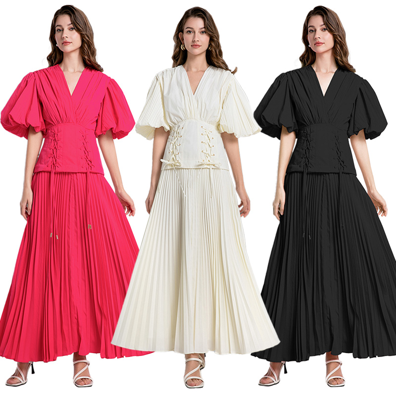 Puff sleeve slim V-neck fold frenum long dress