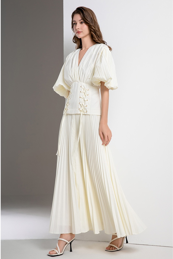 Puff sleeve slim V-neck fold frenum long dress