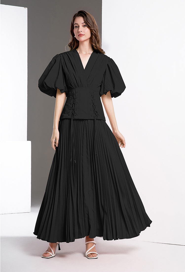 Puff sleeve slim V-neck fold frenum long dress