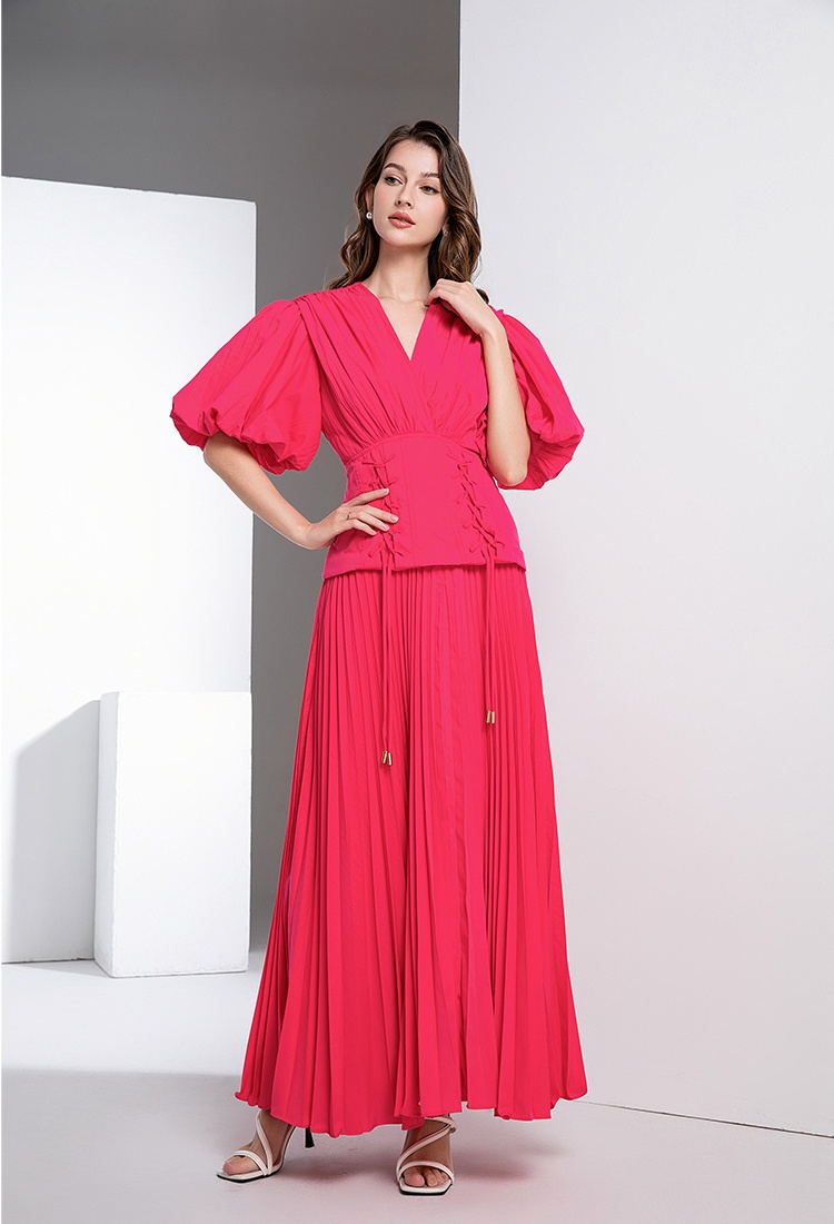 Puff sleeve slim V-neck fold frenum long dress