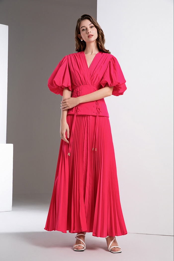 Puff sleeve slim V-neck fold frenum long dress