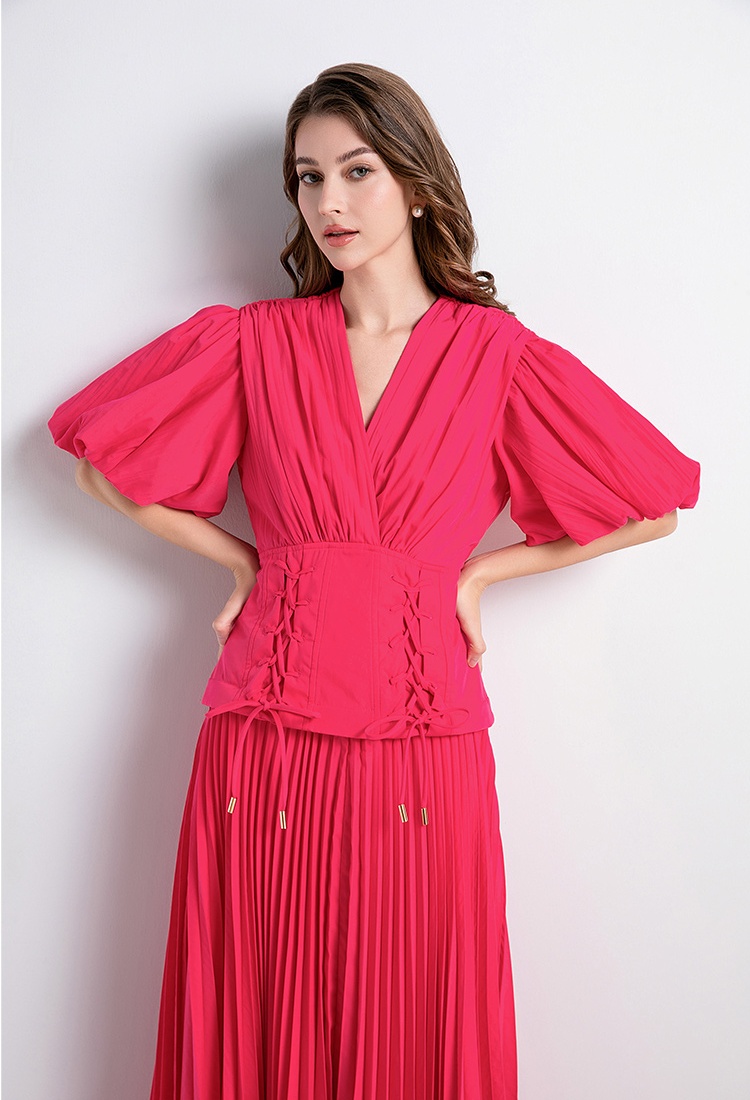 Puff sleeve slim V-neck fold frenum long dress