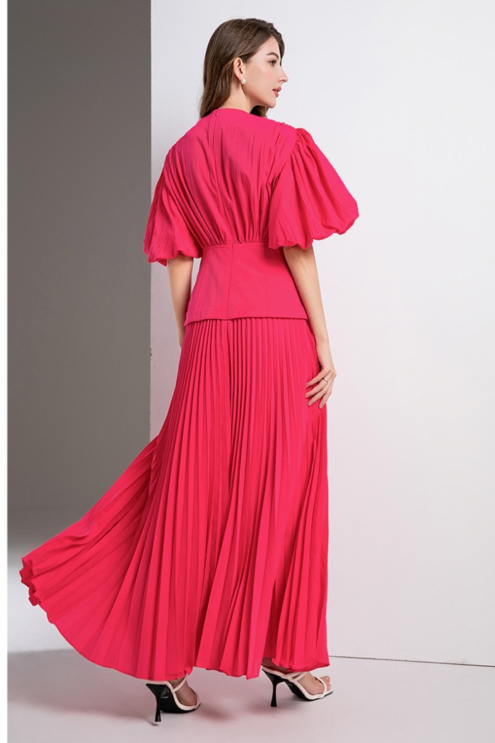 Puff sleeve slim V-neck fold frenum long dress