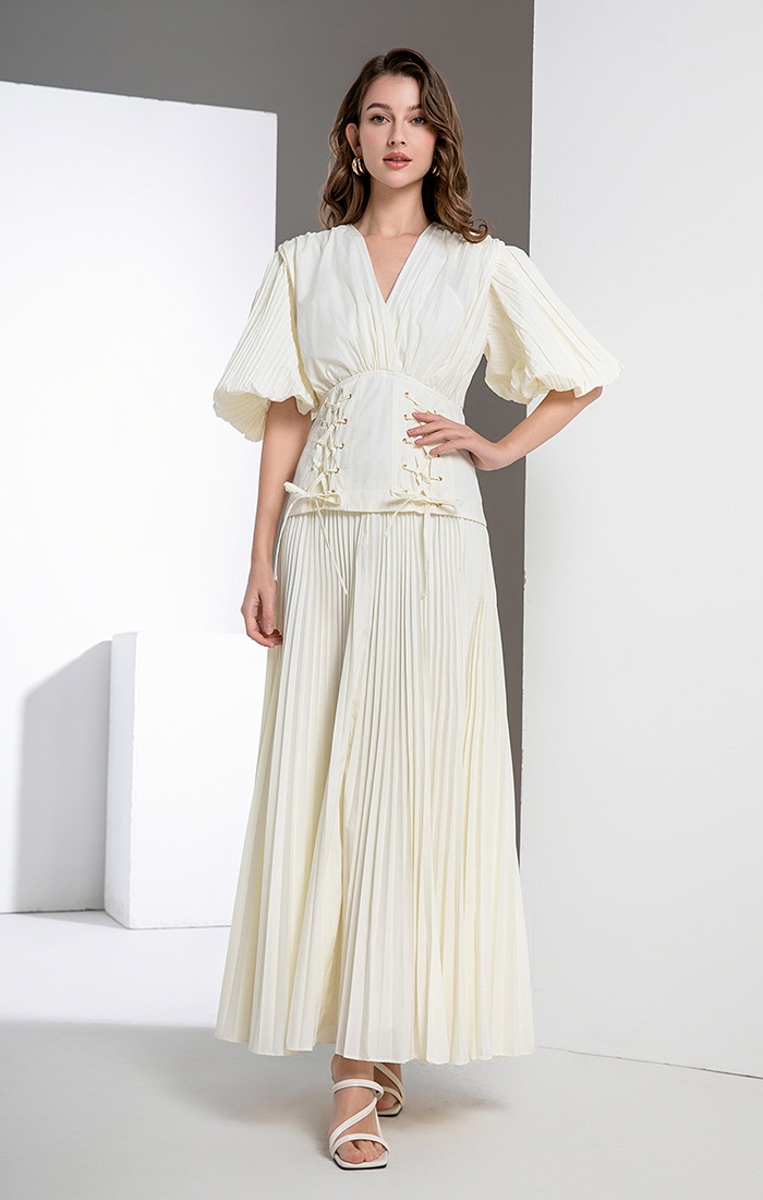 Puff sleeve slim V-neck fold frenum long dress